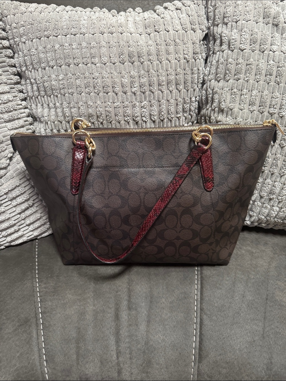 Coach Brown Signature Tote with Burgundy Strap and Gold Hardware - Picture 2 of 5